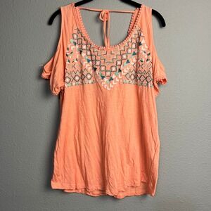Ariat‎ Western Lg Cold Shoulder Embroidered Top Blouse Peach Coral Pom Pom Trim